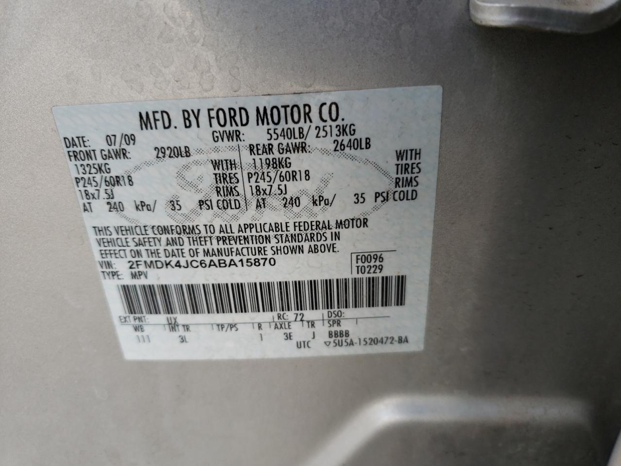Photo 10 from auction – 2010 FORD EDGE SEL with VIN 2FMDK4JC6ABA15870