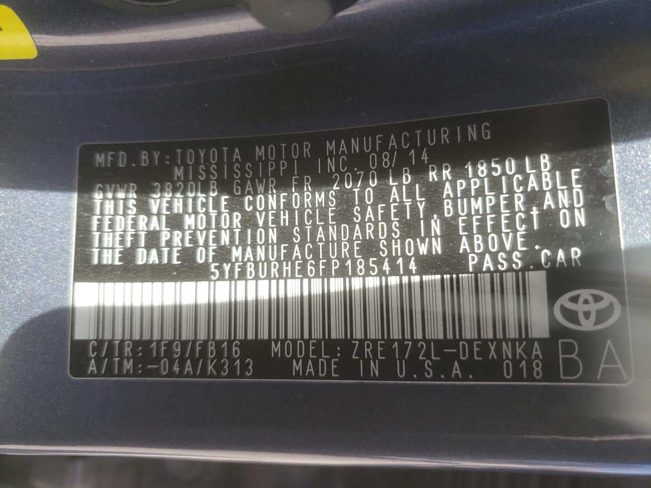Photo 10 from auction – 2015 TOYOTA COROLLA L with VIN 5YFBURHE6FP185414