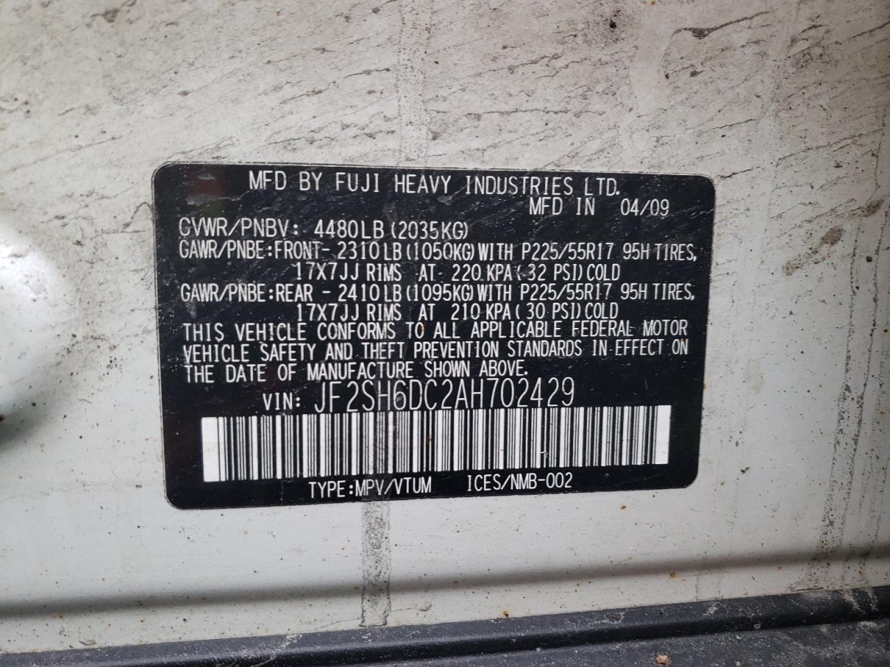 Photo 10 from auction – 2010 SUBARU FORESTER 2 with VIN JF2SH6DC2AH702429