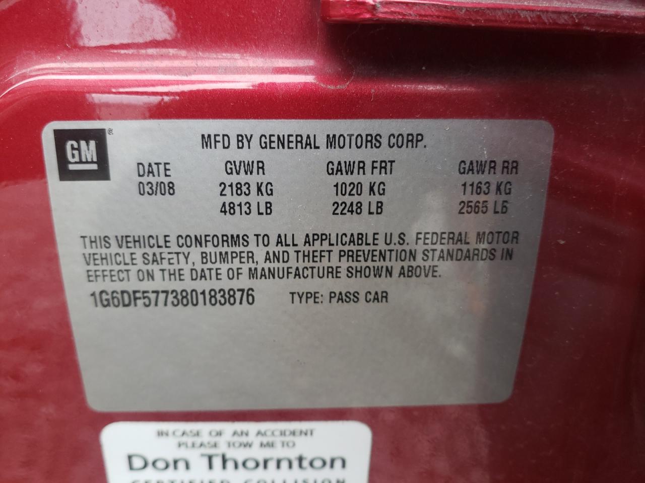 Photo 10 from auction – 2008 CADILLAC CTS with VIN 1G6DF577380183876