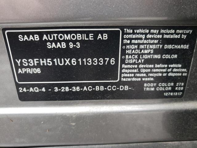 Photo 10 from auction – 2006 SAAB 9-3 AERO with VIN YS3FH51UX61133376