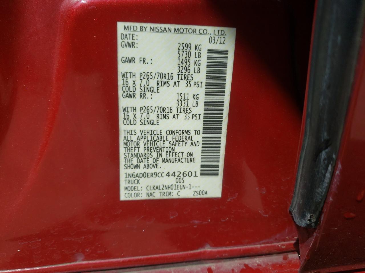 Photo 10 from auction – 2012 NISSAN FRONTIER S with VIN 1N6AD0ER9CC442601