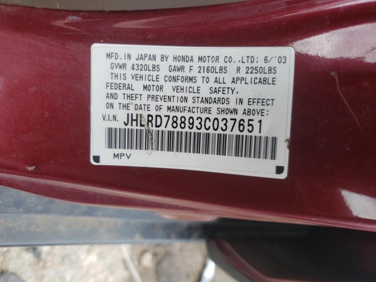 Photo 10 from auction – 2003 HONDA CR-V EX with VIN JHLRD78893C037651