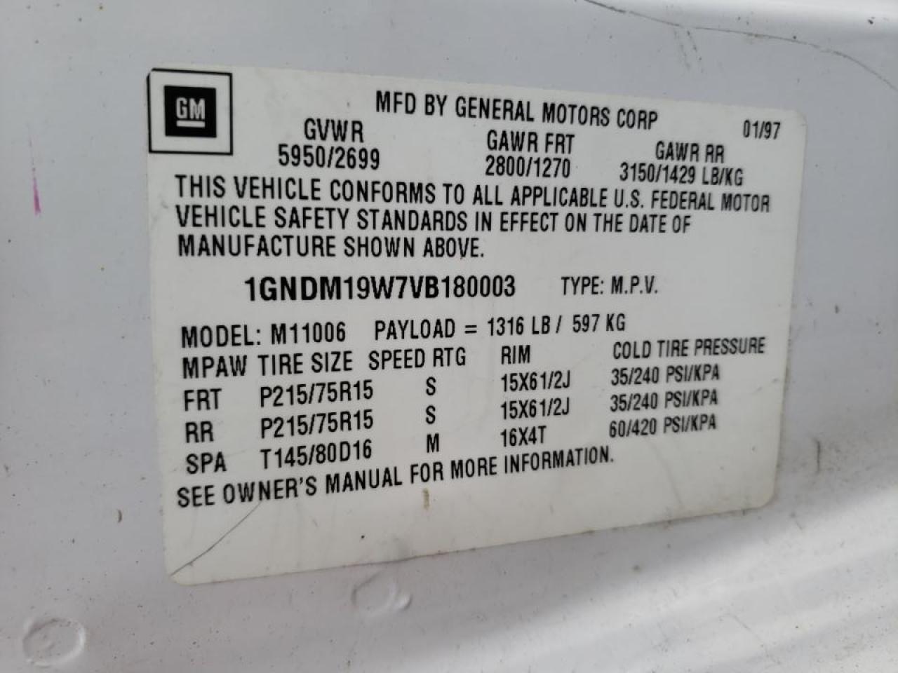 Photo 10 from auction – 1997 CHEVROLET ASTRO with VIN 1GNDM19W7VB180003