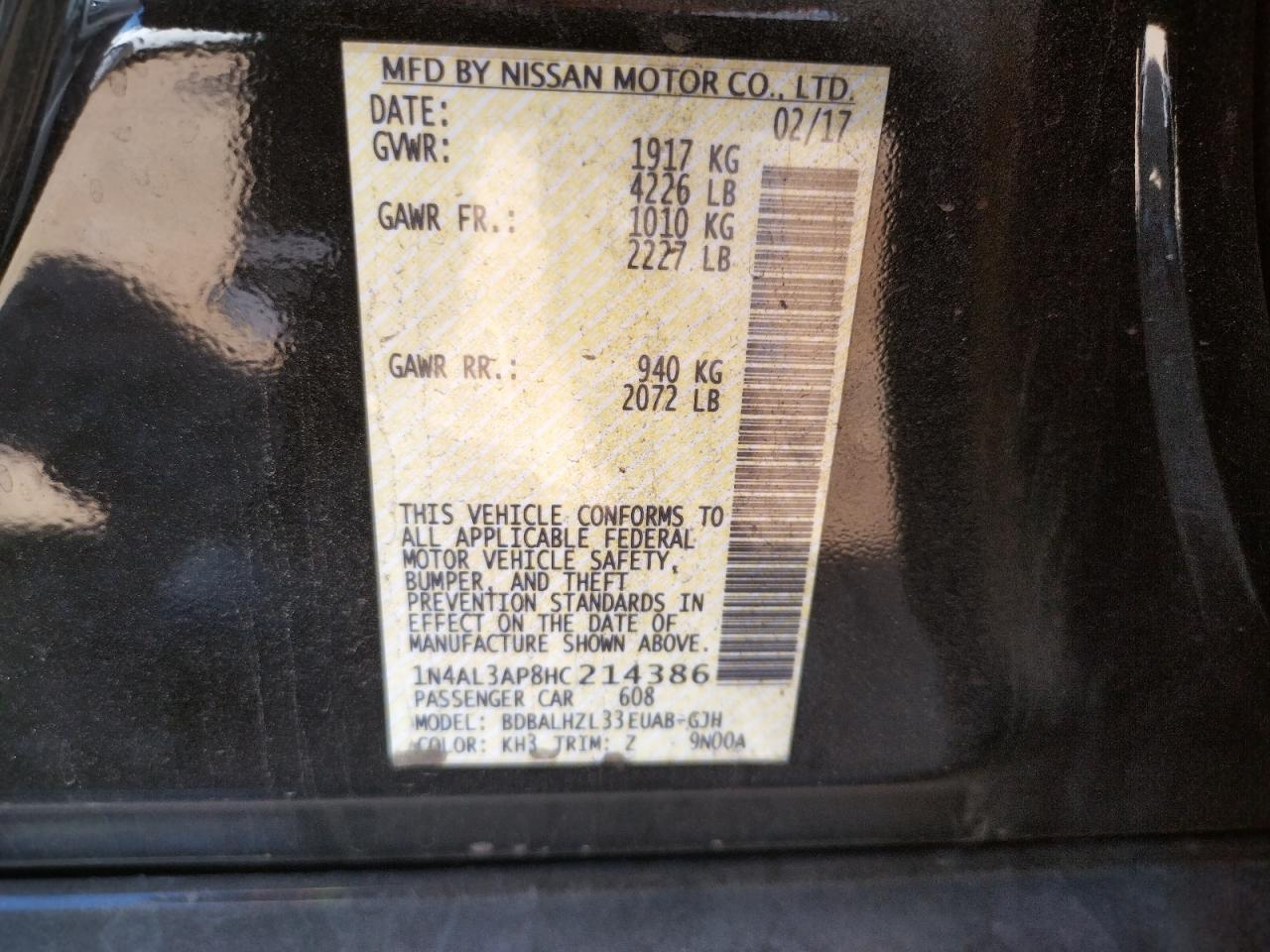 Photo 10 from auction – 2017 NISSAN ALTIMA 2.5 with VIN 1N4AL3AP8HC214386