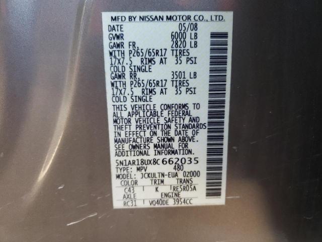 Photo 10 from auction – 2008 NISSAN PATHFINDER with VIN 5N1AR18UX8C662035