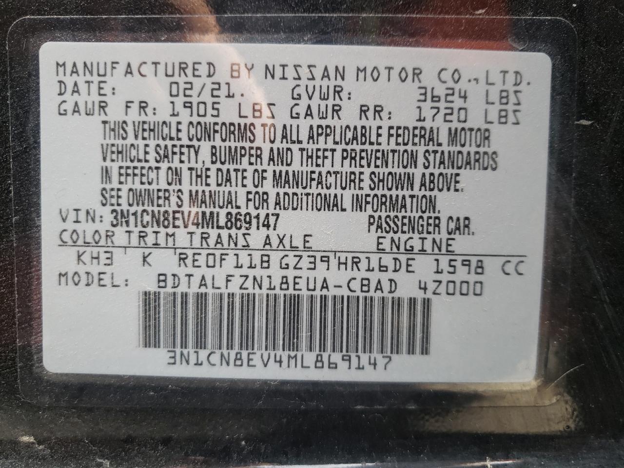 Photo 10 from auction – 2021 NISSAN VERSA SV with VIN 3N1CN8EV4ML869147