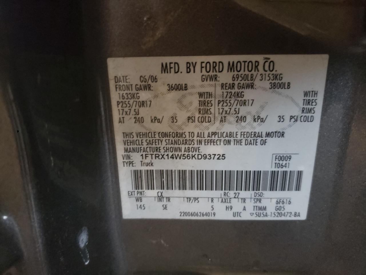 Photo 10 from auction – 2006 FORD F150 with VIN 1FTRX14W56KD93725