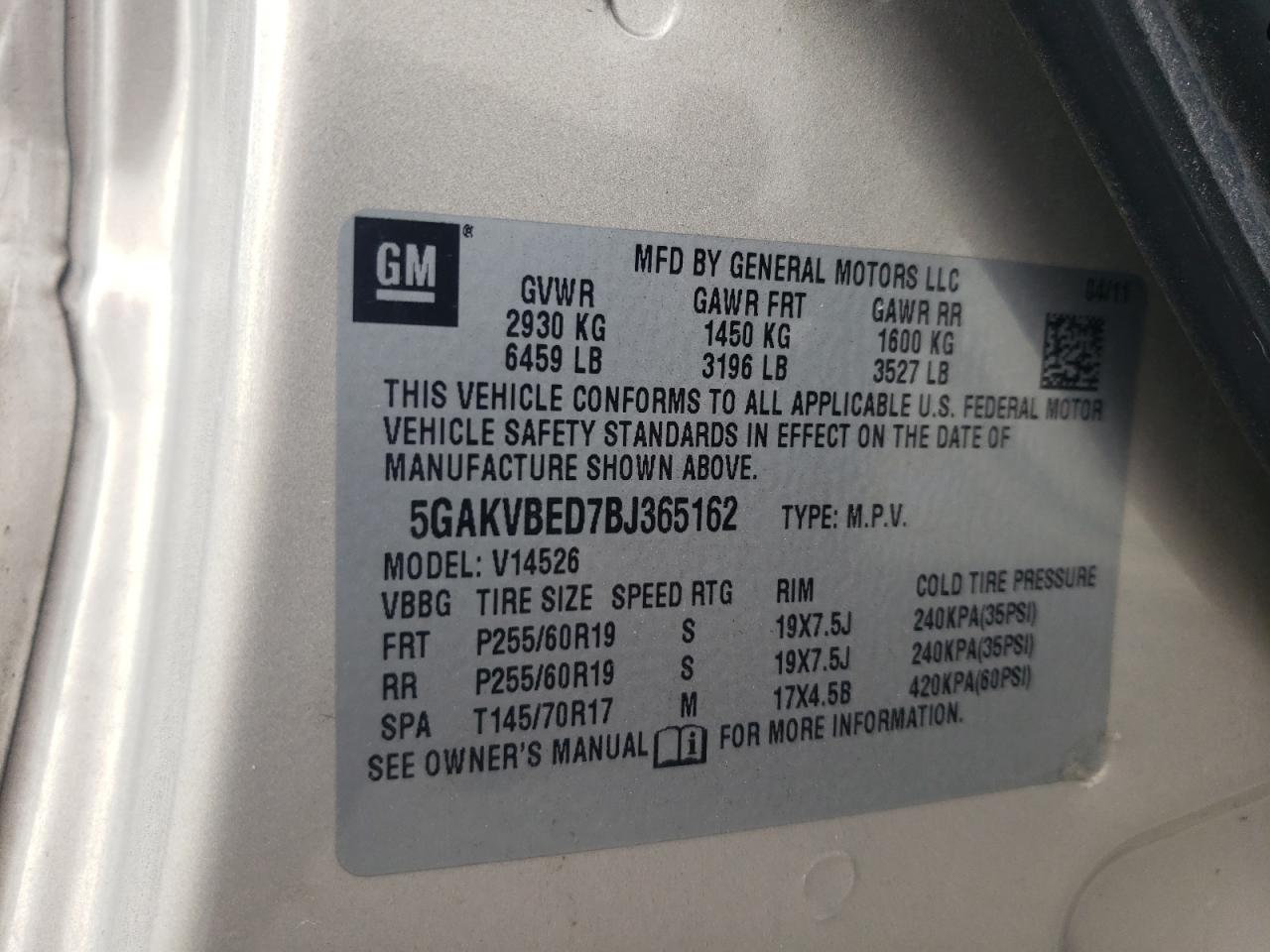 Photo 10 from auction – 2011 BUICK ENCLAVE CX with VIN 5GAKVBED7BJ365162