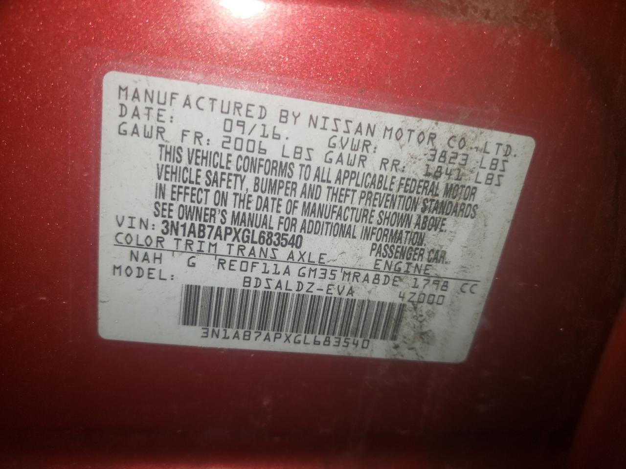 Photo 10 from auction – 2016 NISSAN SENTRA S with VIN 3N1AB7APXGL683540