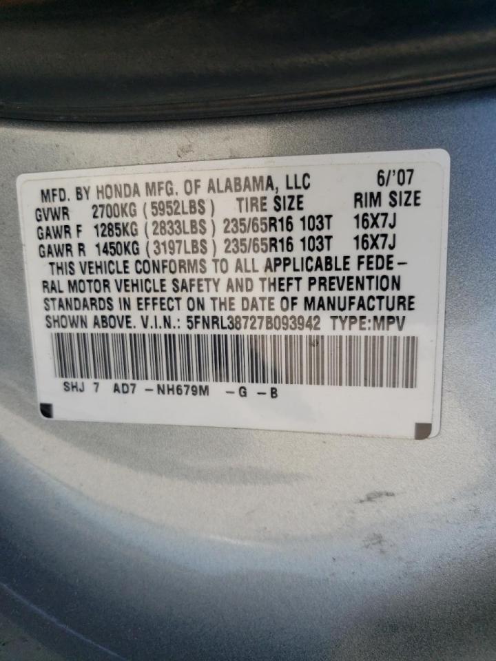 Photo 10 from auction – 2007 HONDA ODYSSEY EX with VIN 5FNRL38727B093942
