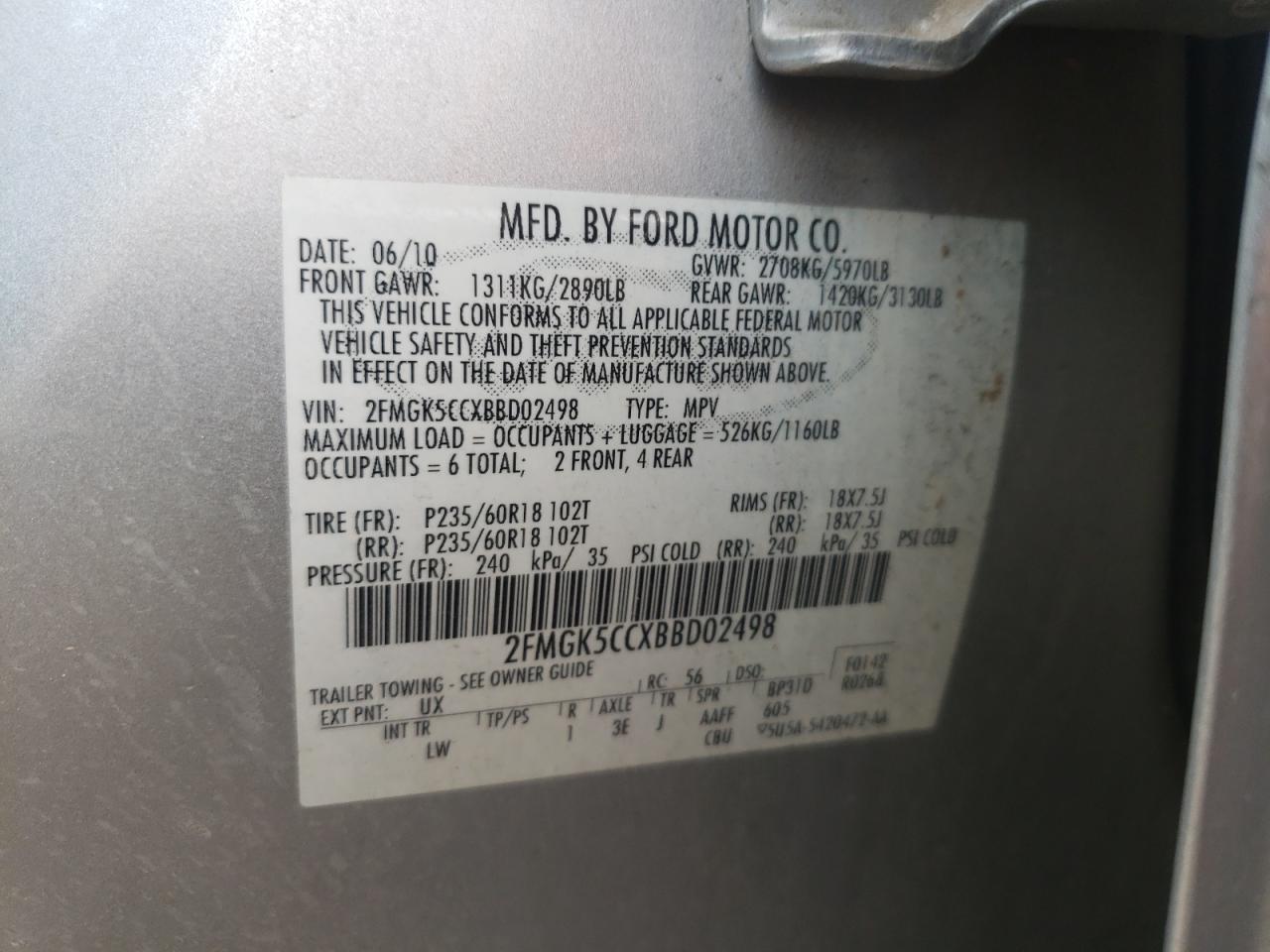 Photo 10 from auction – 2011 FORD FLEX SEL with VIN 2FMGK5CCXBBD02498