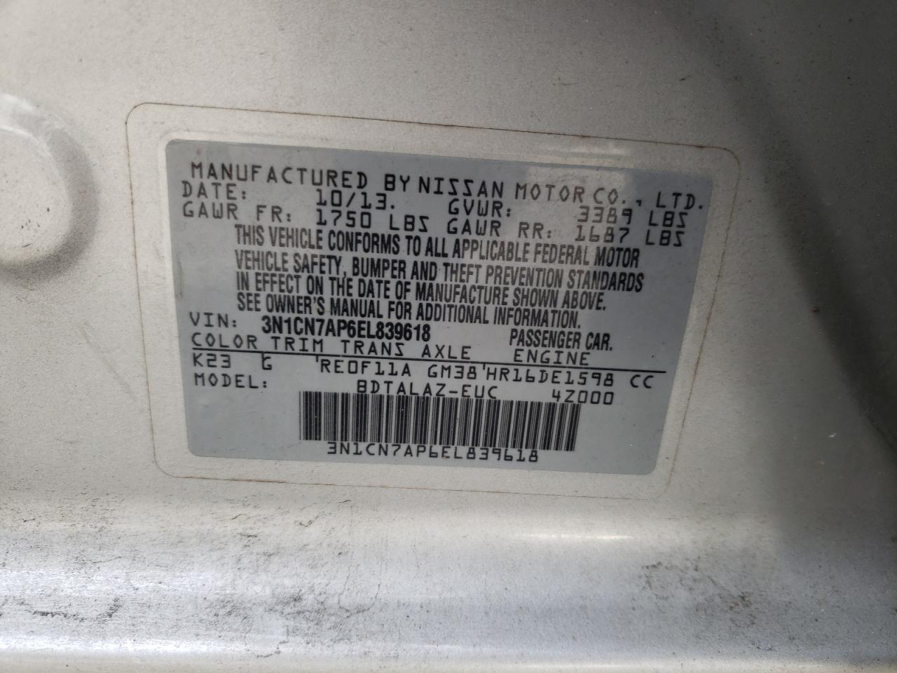 Photo 10 from auction – 2014 NISSAN VERSA S with VIN 3N1CN7AP6EL839618