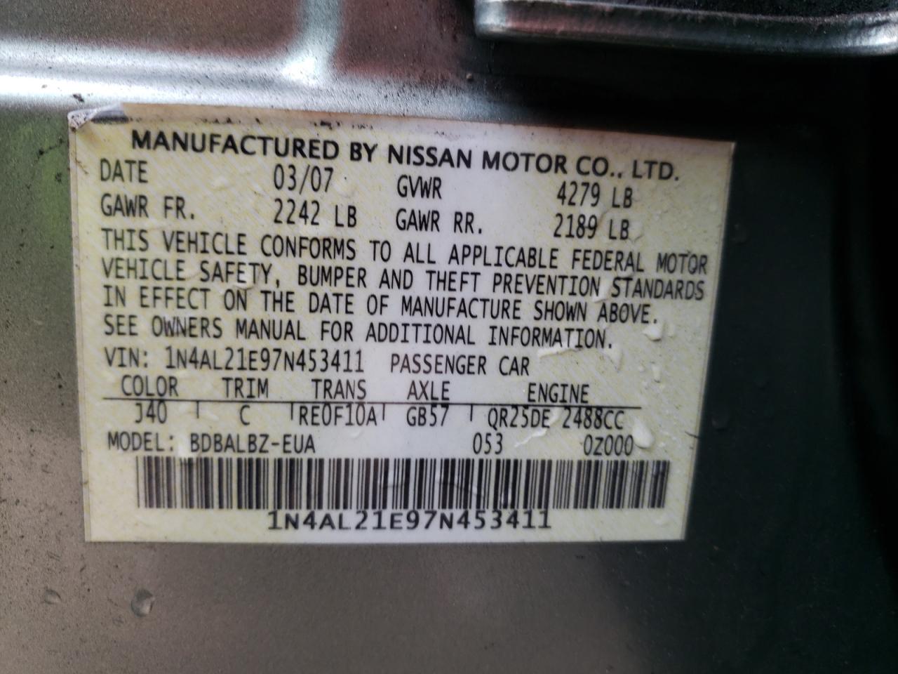 Photo 10 from auction – 2007 NISSAN ALTIMA 2.5 with VIN 1N4AL21E97N453411