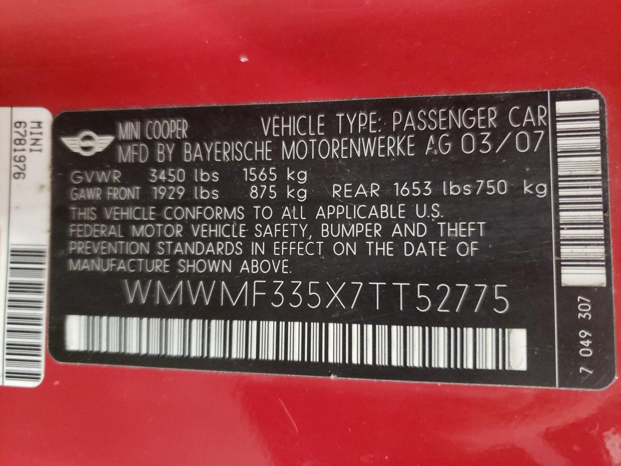 Photo 10 from auction – 2007 MINI COOPER with VIN WMWMF335X7TT52775