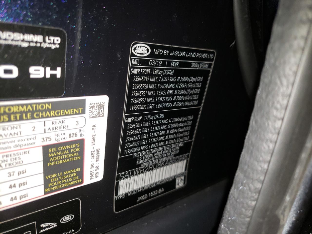 Photo 10 from auction – 2019 LAND ROVER RANGE ROVE with VIN SALWR2RU8KA860946