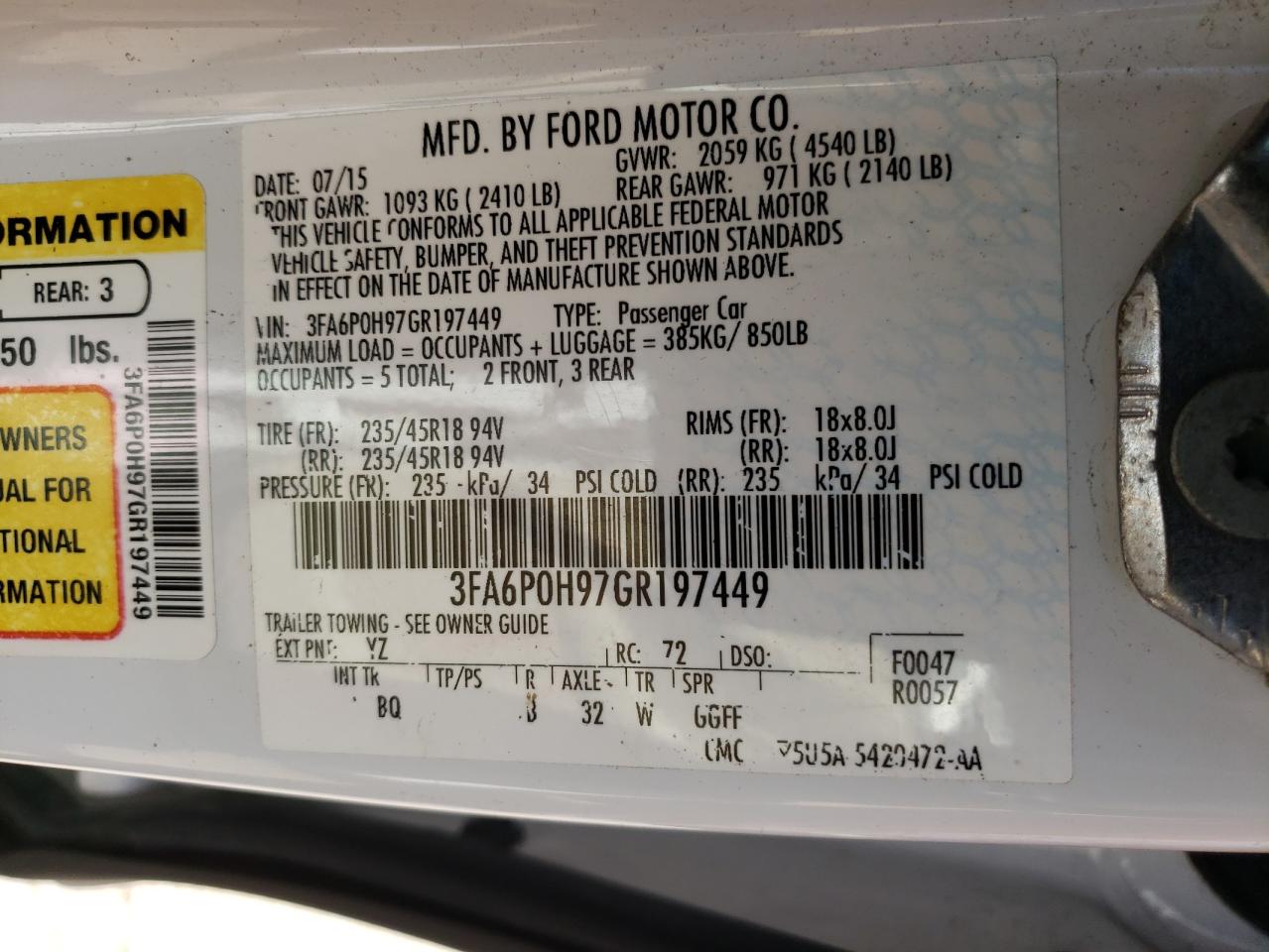 Photo 10 from auction – 2016 FORD FUSION SE with VIN 3FA6P0H97GR197449