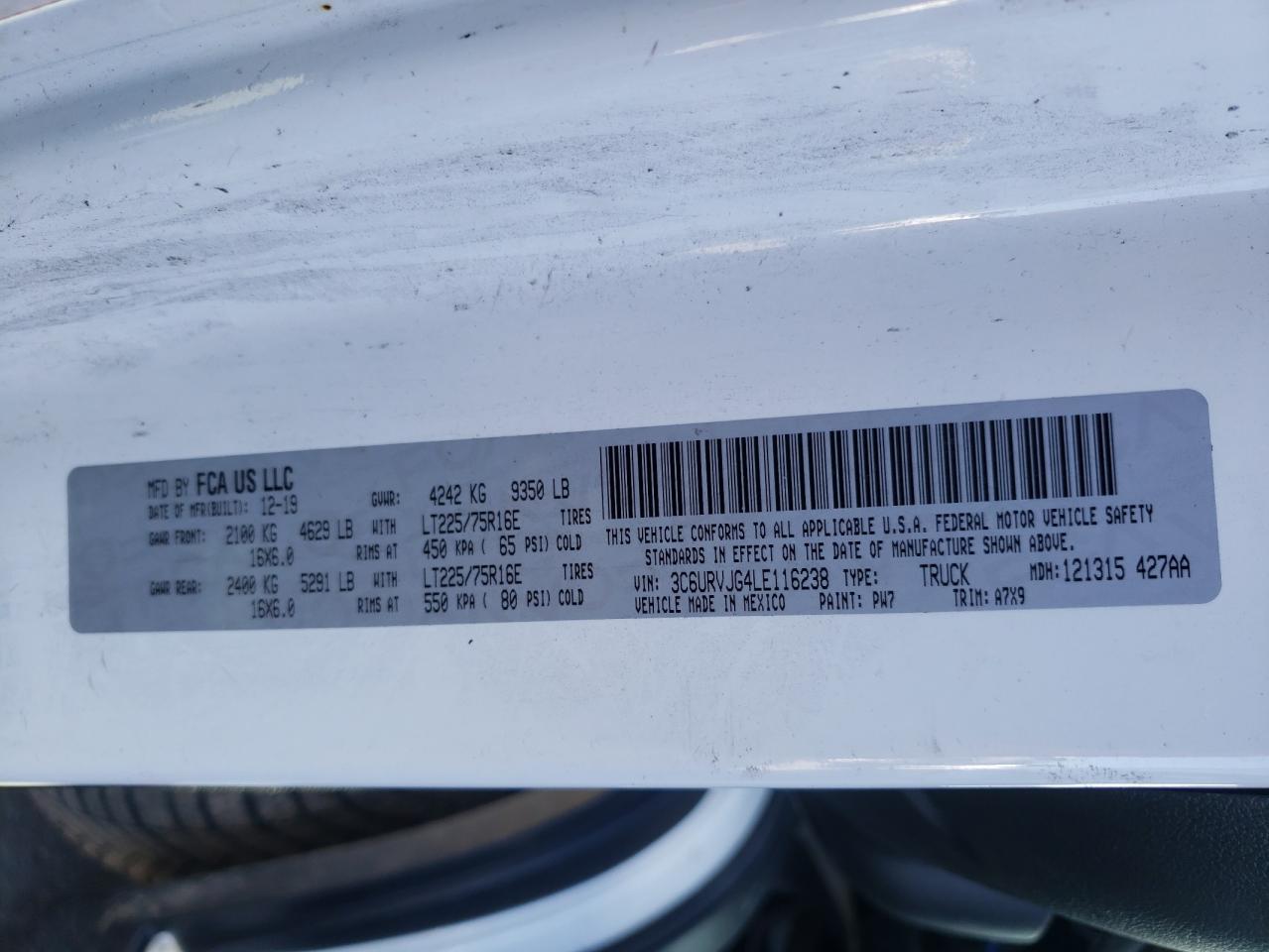 Photo 10 from auction – 2020 RAM PROMASTER with VIN 3C6URVJG4LE116238
