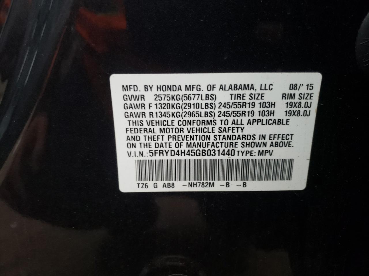 Photo 10 from auction – 2016 ACURA MDX TECHNO with VIN 5FRYD4H45GB031440