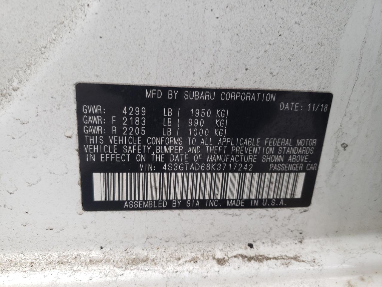 Photo 10 from auction – 2019 SUBARU IMPREZA PR with VIN 4S3GTAD68K3717242