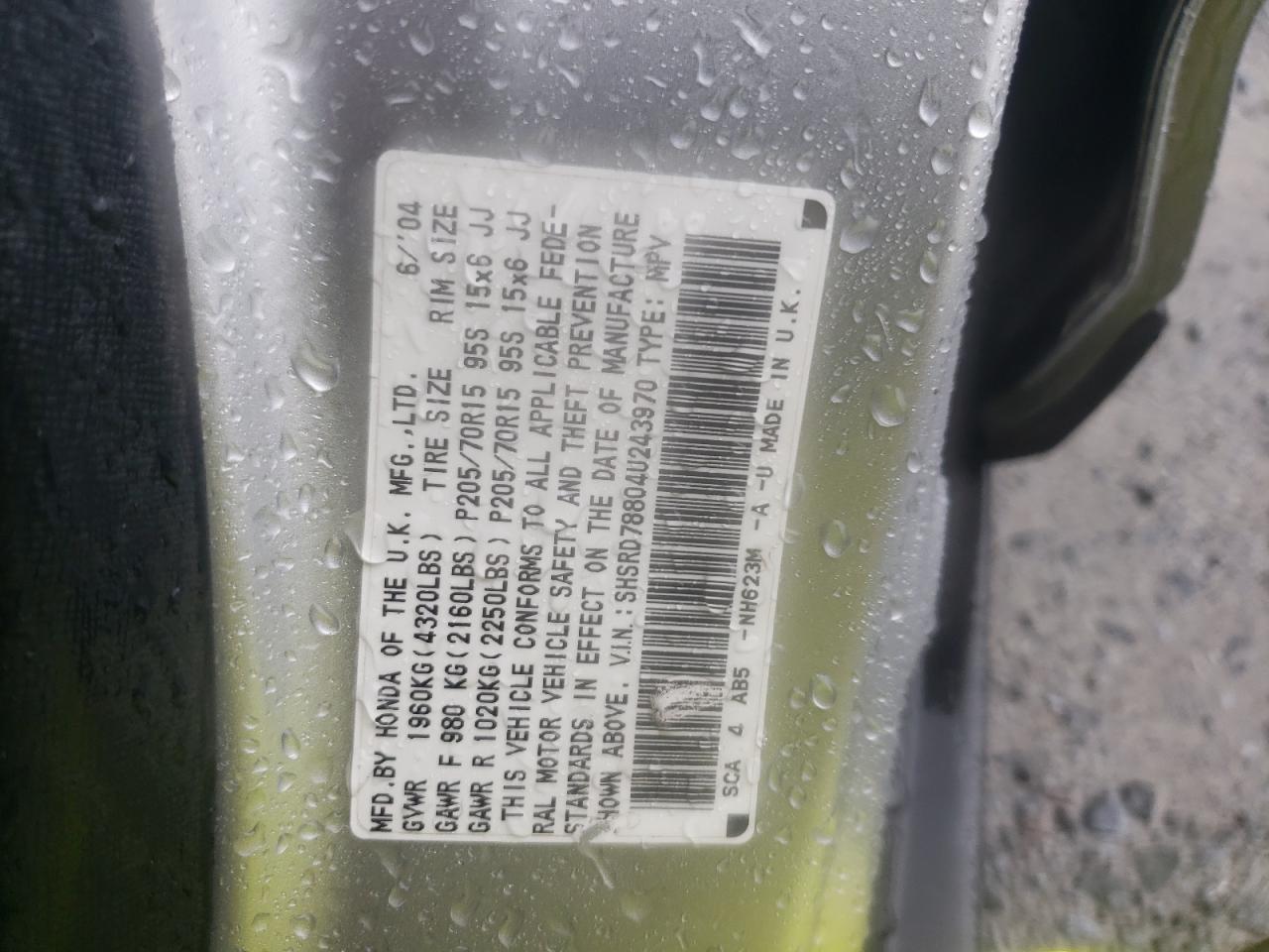 Photo 10 from auction – 2004 HONDA CR-V EX with VIN SHSRD78804U243970