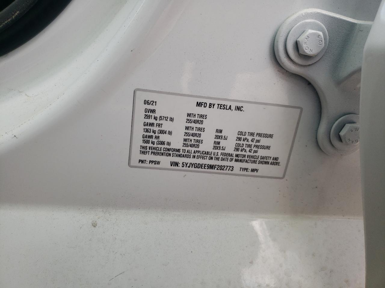 Photo 10 from auction – 2021 TESLA MODEL Y with VIN 5YJYGDEE9MF202773