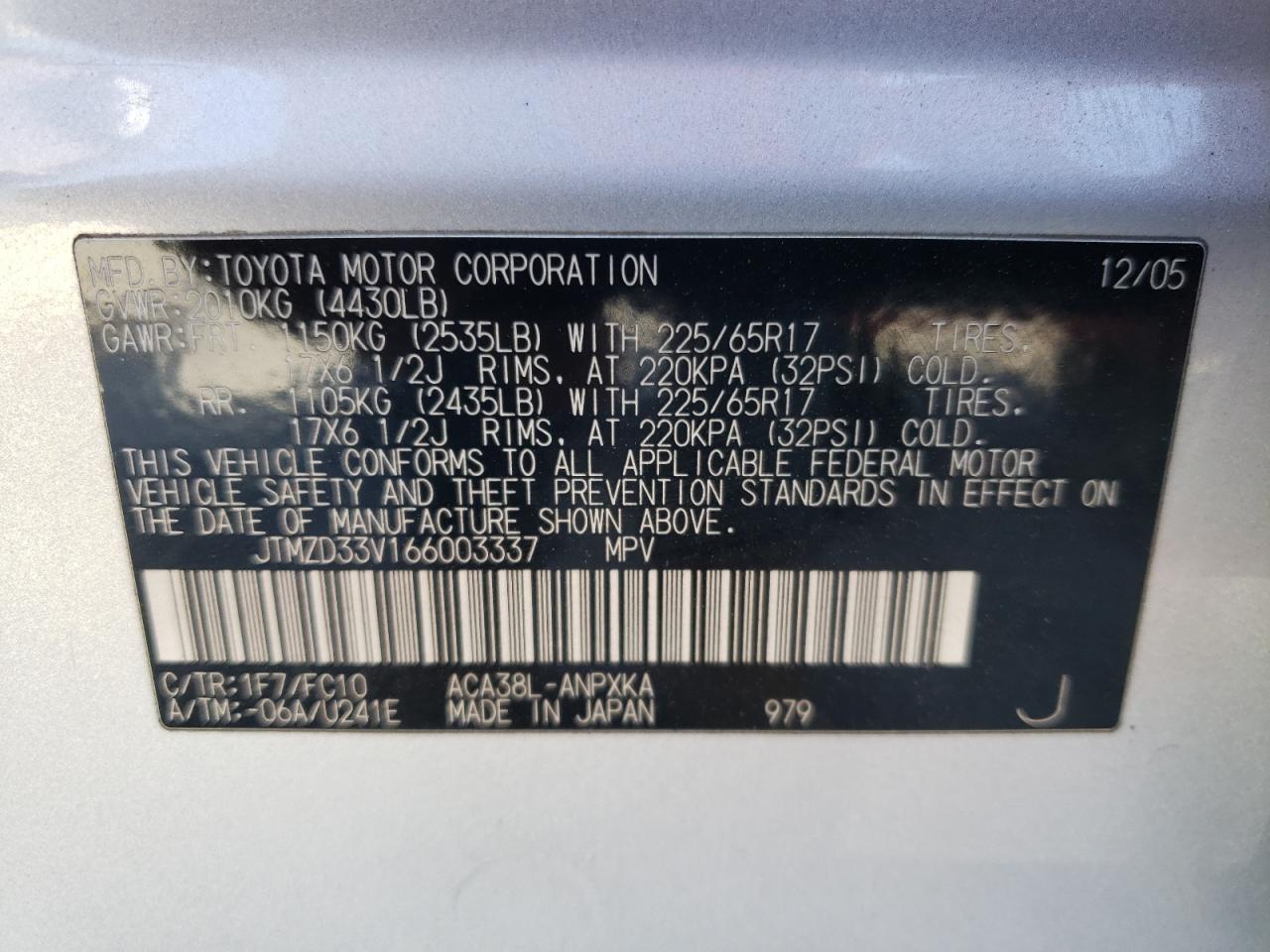 Photo 10 from auction – 2006 TOYOTA RAV4 with VIN JTMZD33V166003337
