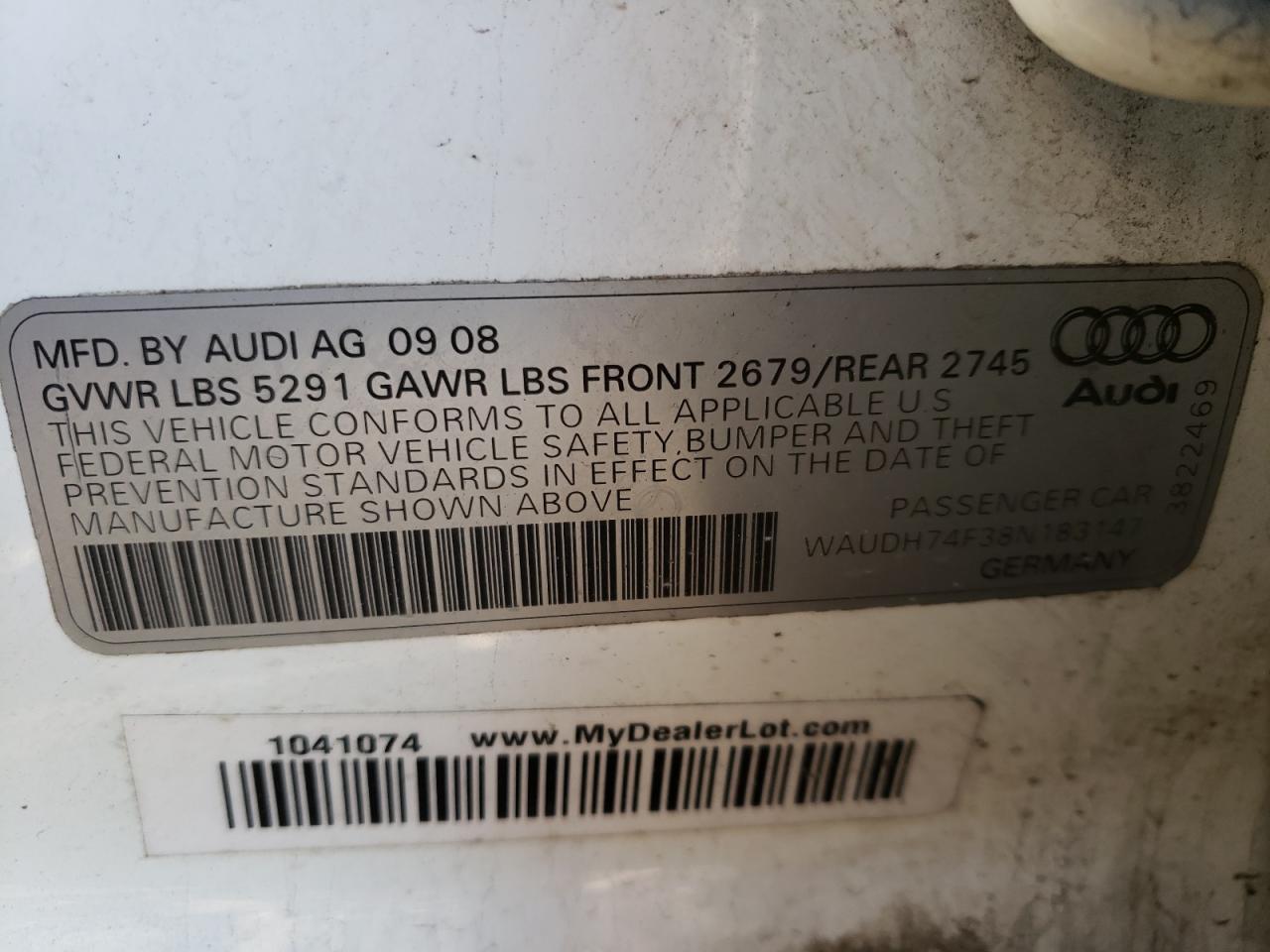 Photo 10 from auction – 2008 AUDI A6 3.2 QUA with VIN WAUDH74F38N183147