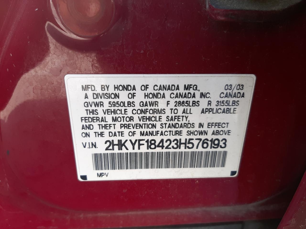Photo 10 from auction – 2003 HONDA PILOT EX with VIN 2HKYF18423H576193