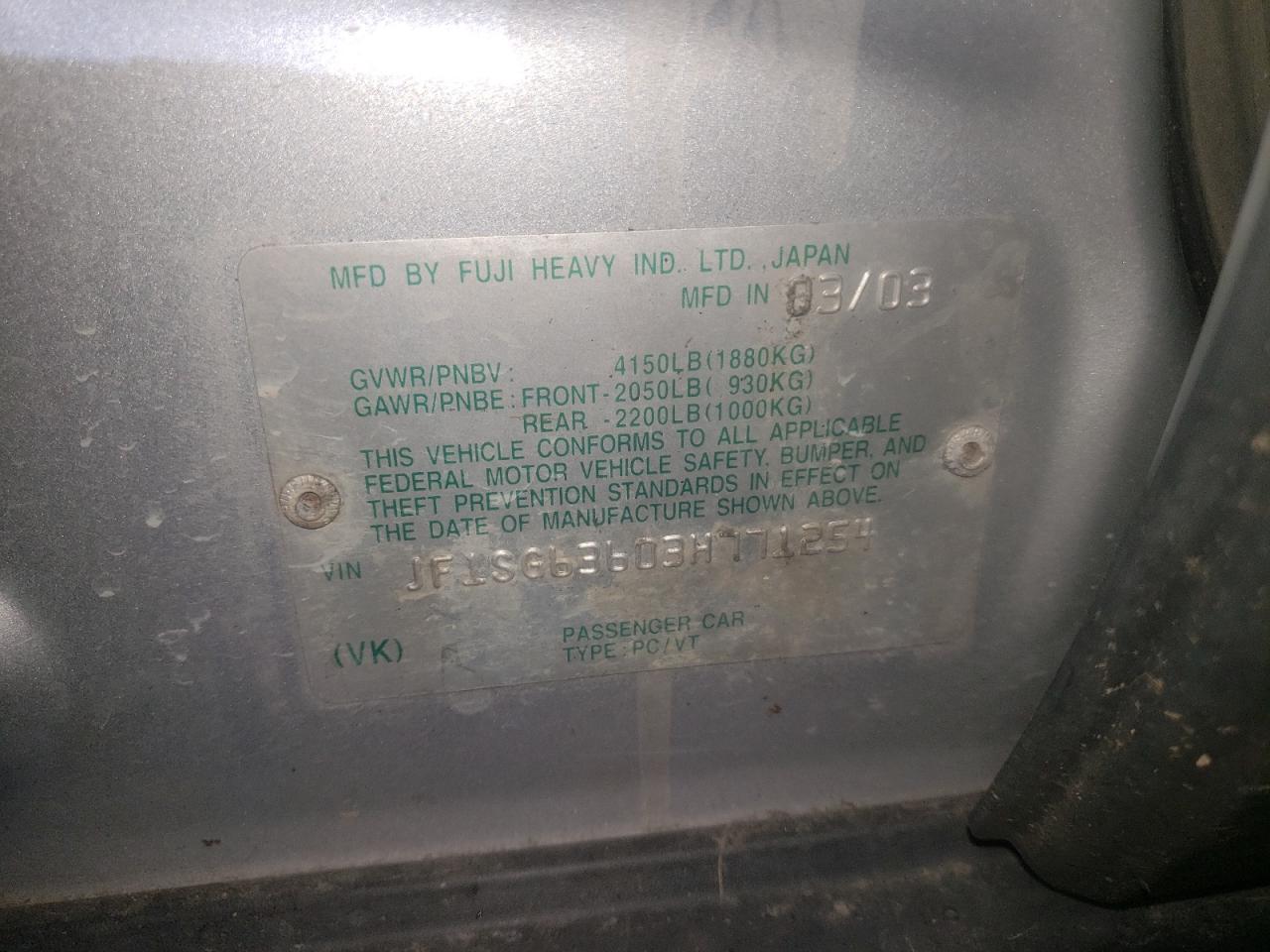 Photo 10 from auction – 2003 SUBARU FORESTER 2 with VIN JF1SG63603H771254