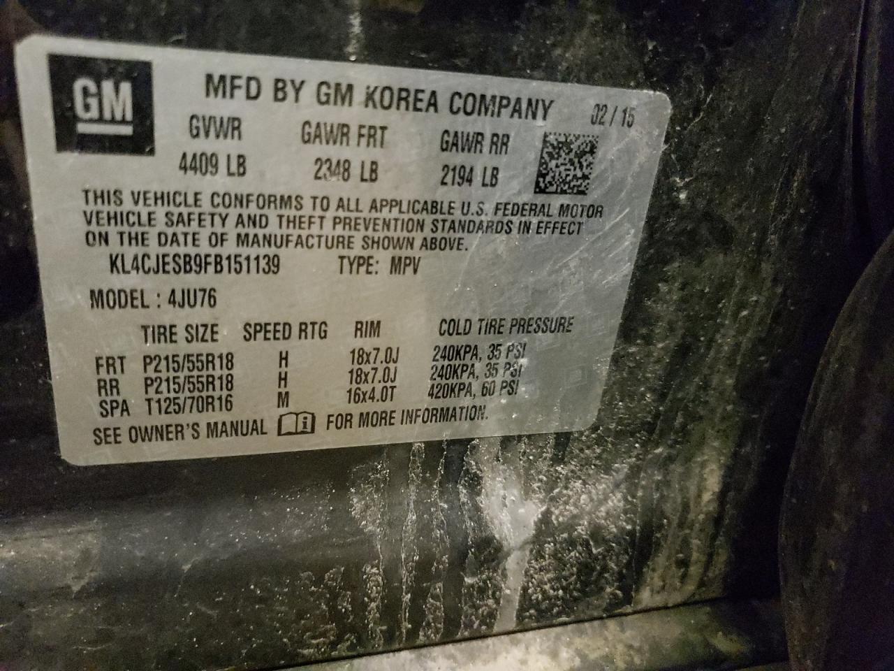 Photo 10 from auction – 2015 BUICK ENCORE with VIN KL4CJESB9FB151139