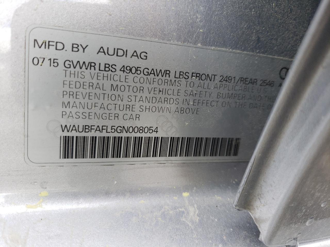 Photo 10 from auction – 2016 AUDI A4 PREMIUM with VIN WAUBFAFL5GN008054