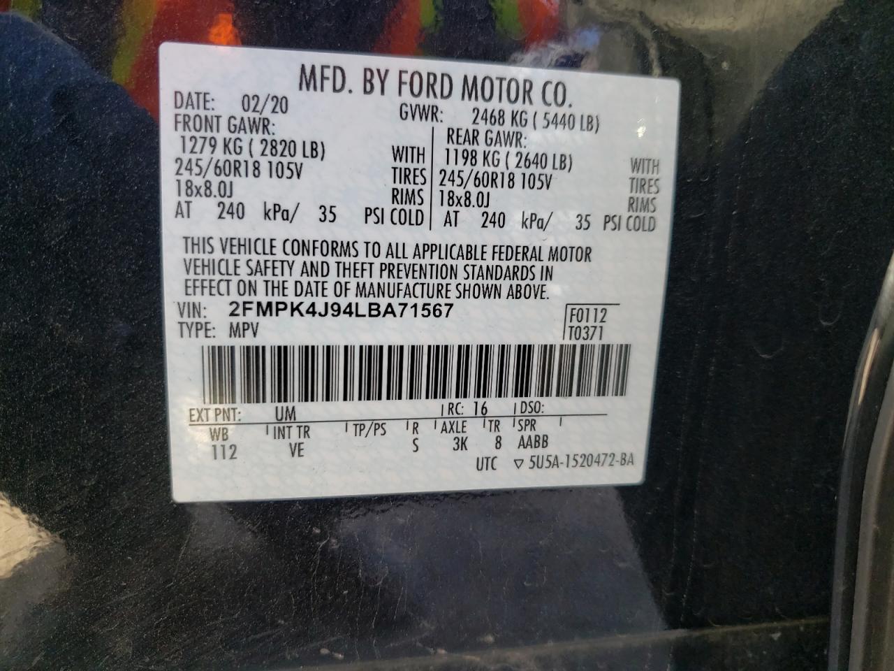 Photo 10 from auction – 2020 FORD EDGE SEL with VIN 2FMPK4J94LBA71567