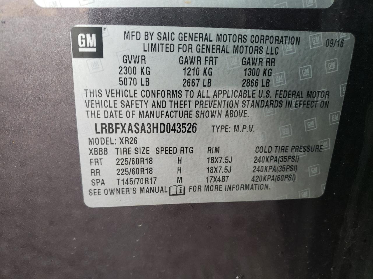 Photo 10 from auction – 2017 BUICK ENVISION P with VIN LRBFXASA3HD043526