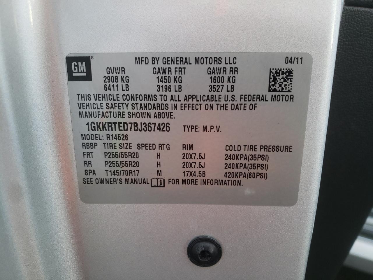 Photo 10 from auction – 2011 GMC ACADIA DEN with VIN 1GKKRTED7BJ367426