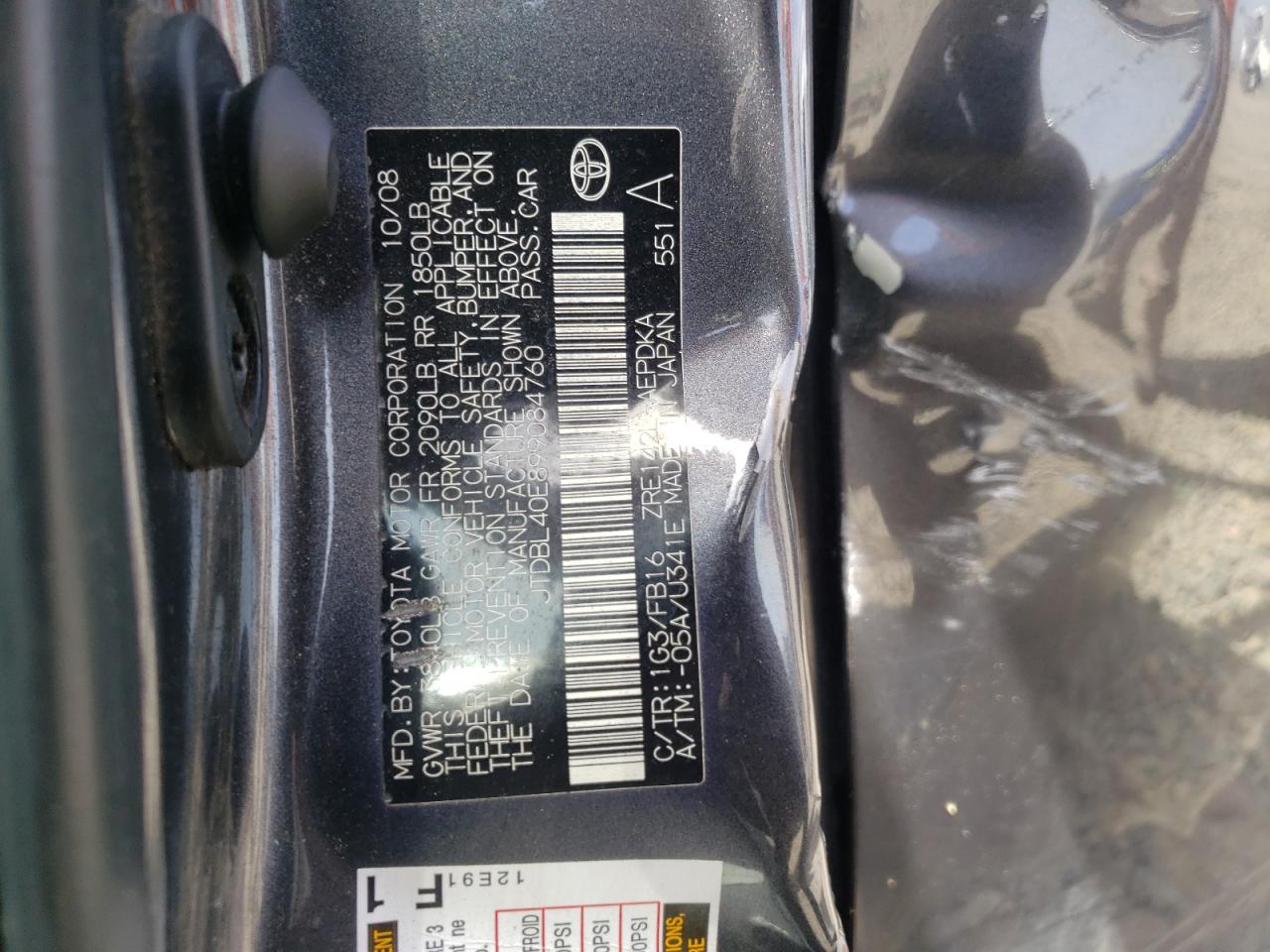 Photo 10 from auction – 2009 TOYOTA COROLLA BA with VIN JTDBL40E899084760