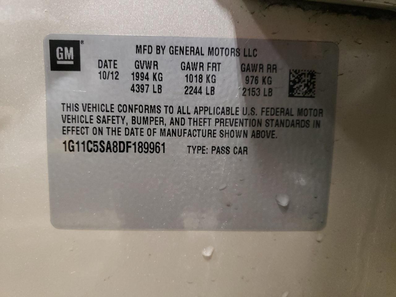 Photo 10 from auction – 2013 CHEVROLET MALIBU 1LT with VIN 1G11C5SA8DF189961