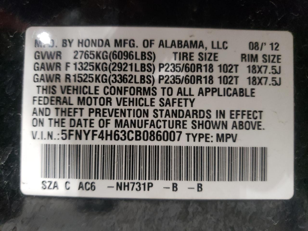 Photo 10 from auction – 2012 HONDA PILOT EXL with VIN 5FNYF4H63CB086007