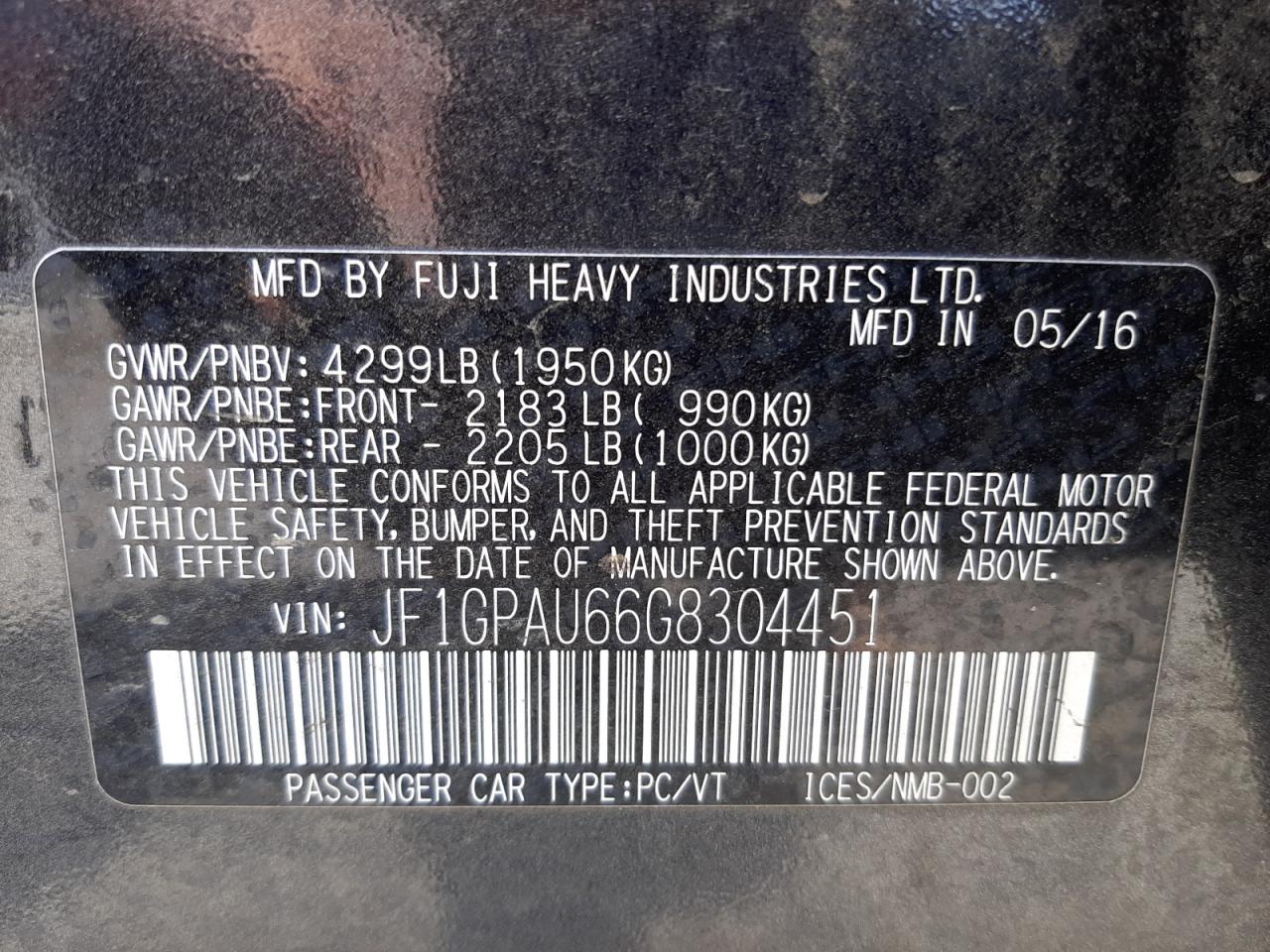 Photo 10 from auction – 2016 SUBARU IMPREZA SP with VIN JF1GPAU66G8304451