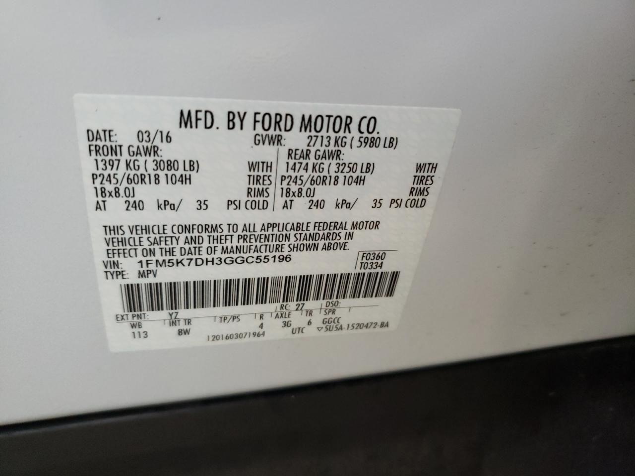 Photo 10 from auction – 2016 FORD EXPLORER X with VIN 1FM5K7DH3GGC55196