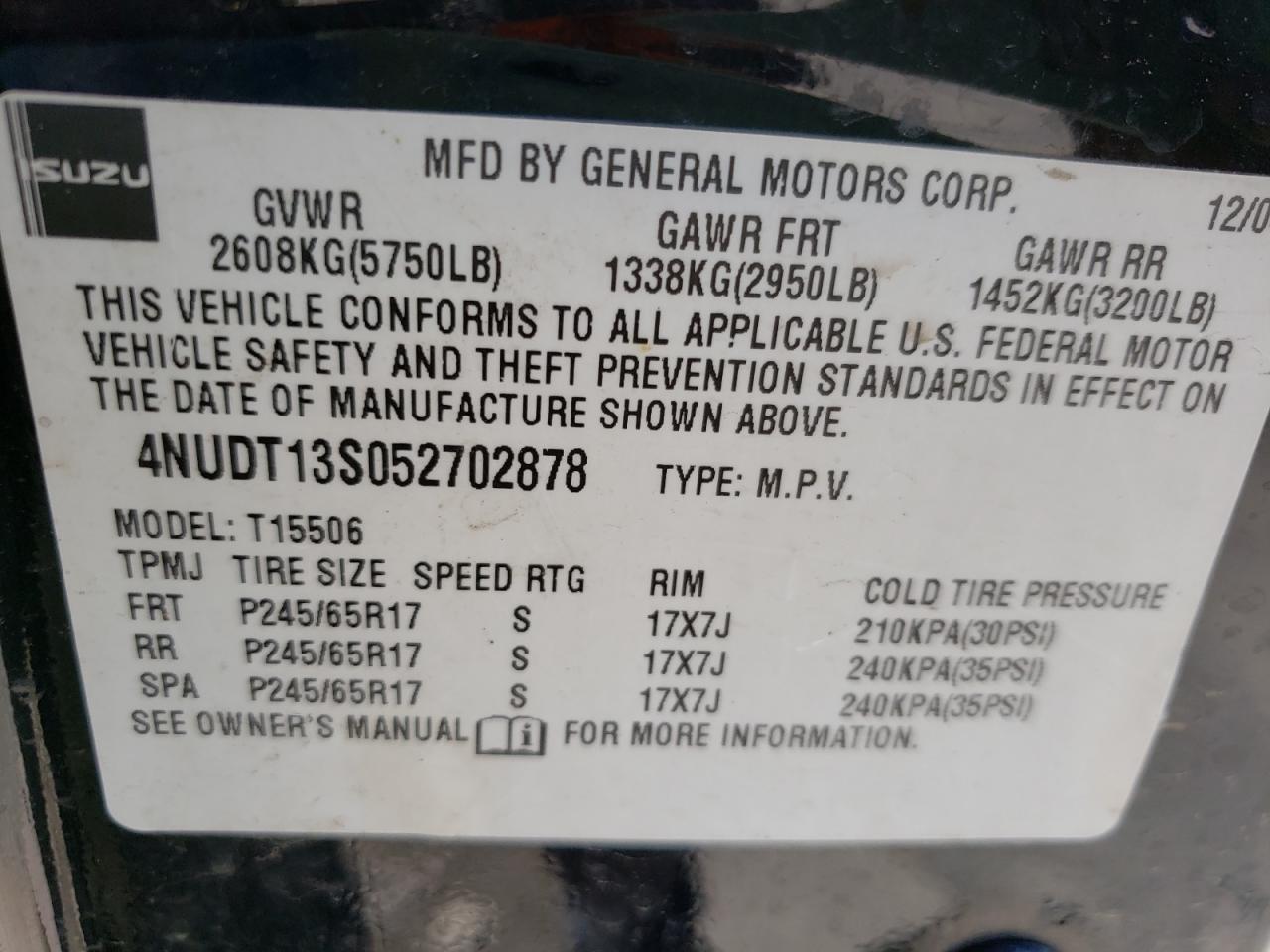 Photo 10 from auction – 2005 ISUZU ASCENDER S with VIN 4NUDT13S052702878