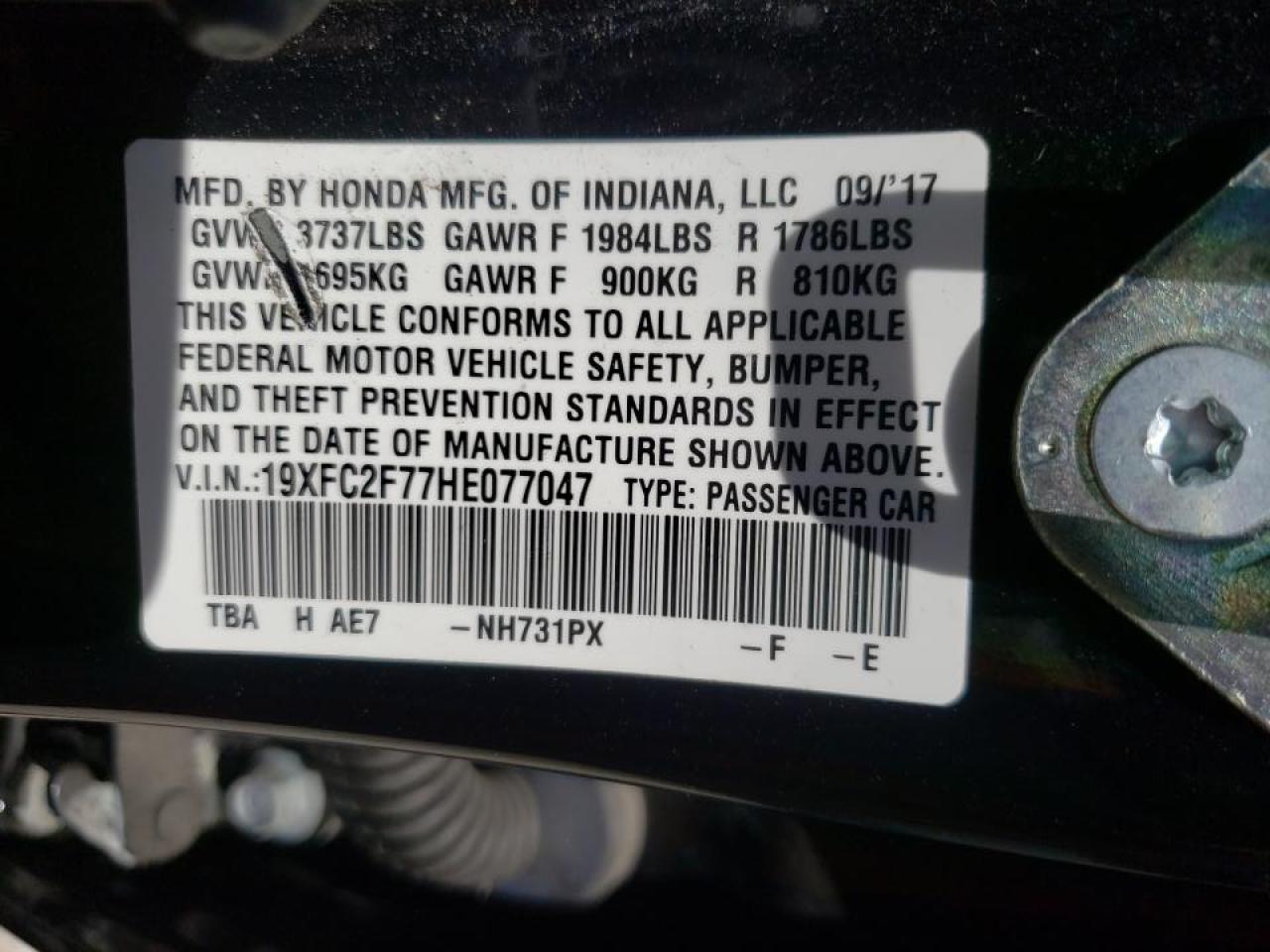 Photo 10 from auction – 2017 HONDA CIVIC EX with VIN 19XFC2F77HE077047