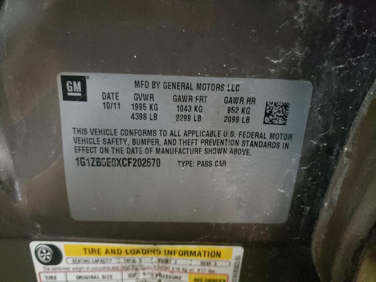 Photo 10 from auction – 2012 CHEVROLET MALIBU LS with VIN 1G1ZB5E0XCF202670