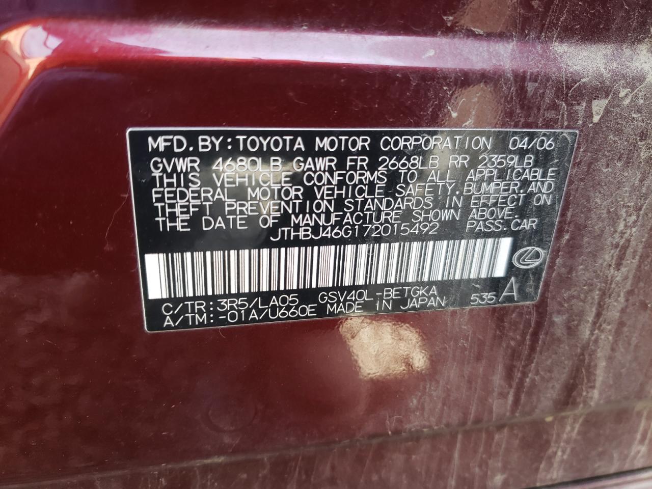 Photo 10 from auction – 2007 LEXUS ES350 with VIN JTHBJ46G172015492