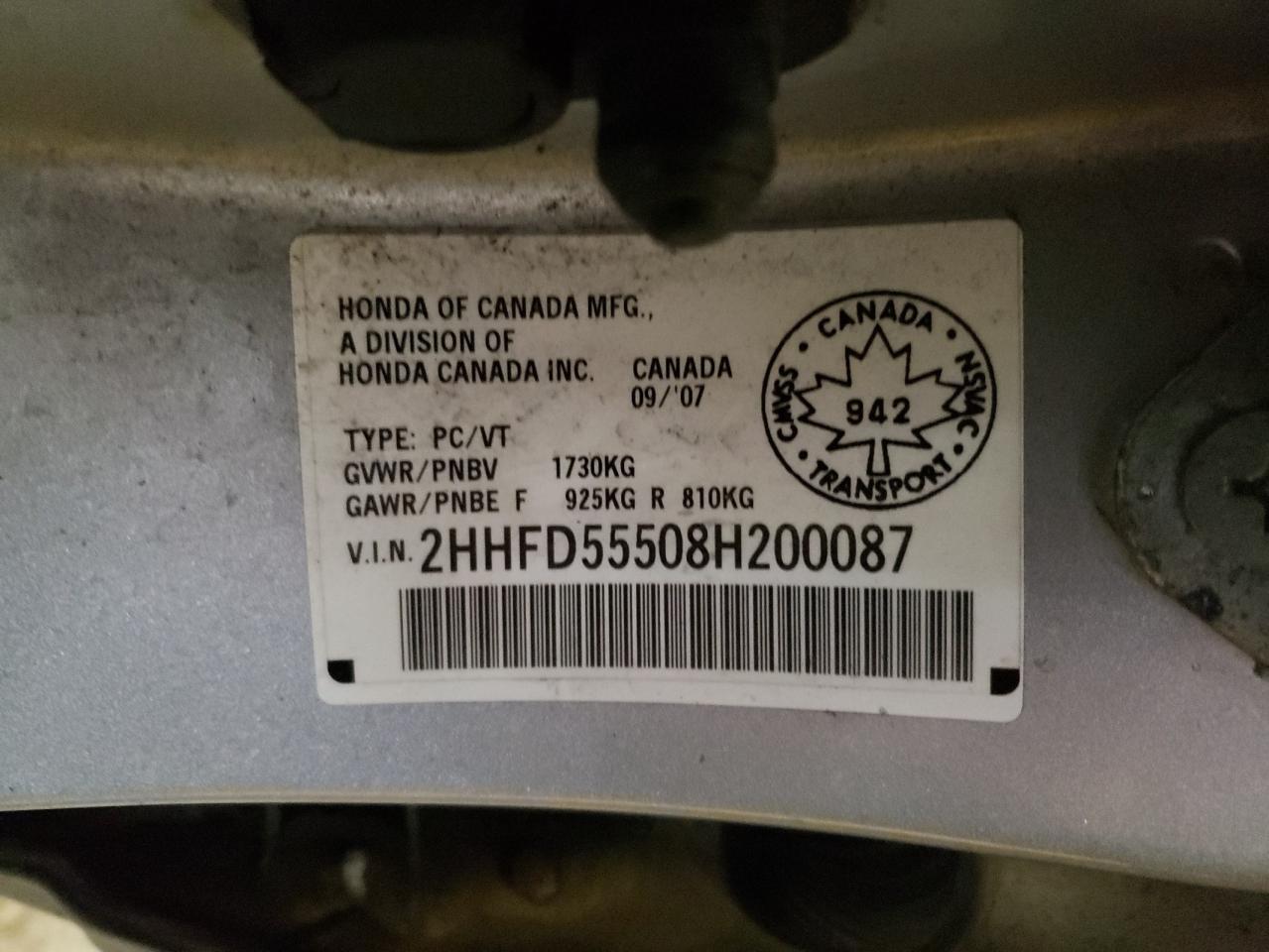 Photo 10 from auction – 2008 ACURA CSX with VIN 2HHFD55508H200087