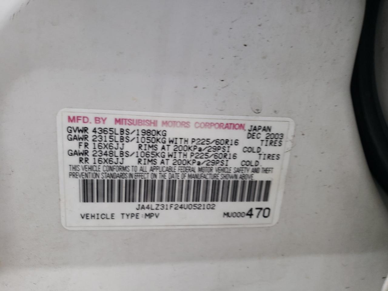 Photo 10 from auction – 2004 MITSUBISHI OUTLANDER with VIN JA4LZ31F24U052102
