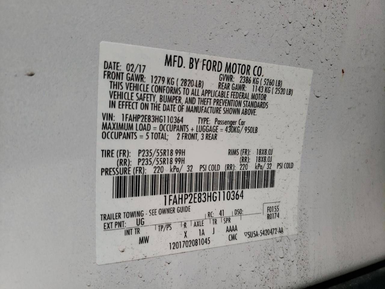 Photo 10 from auction – 2017 FORD TAURUS SEL with VIN 1FAHP2E83HG110364