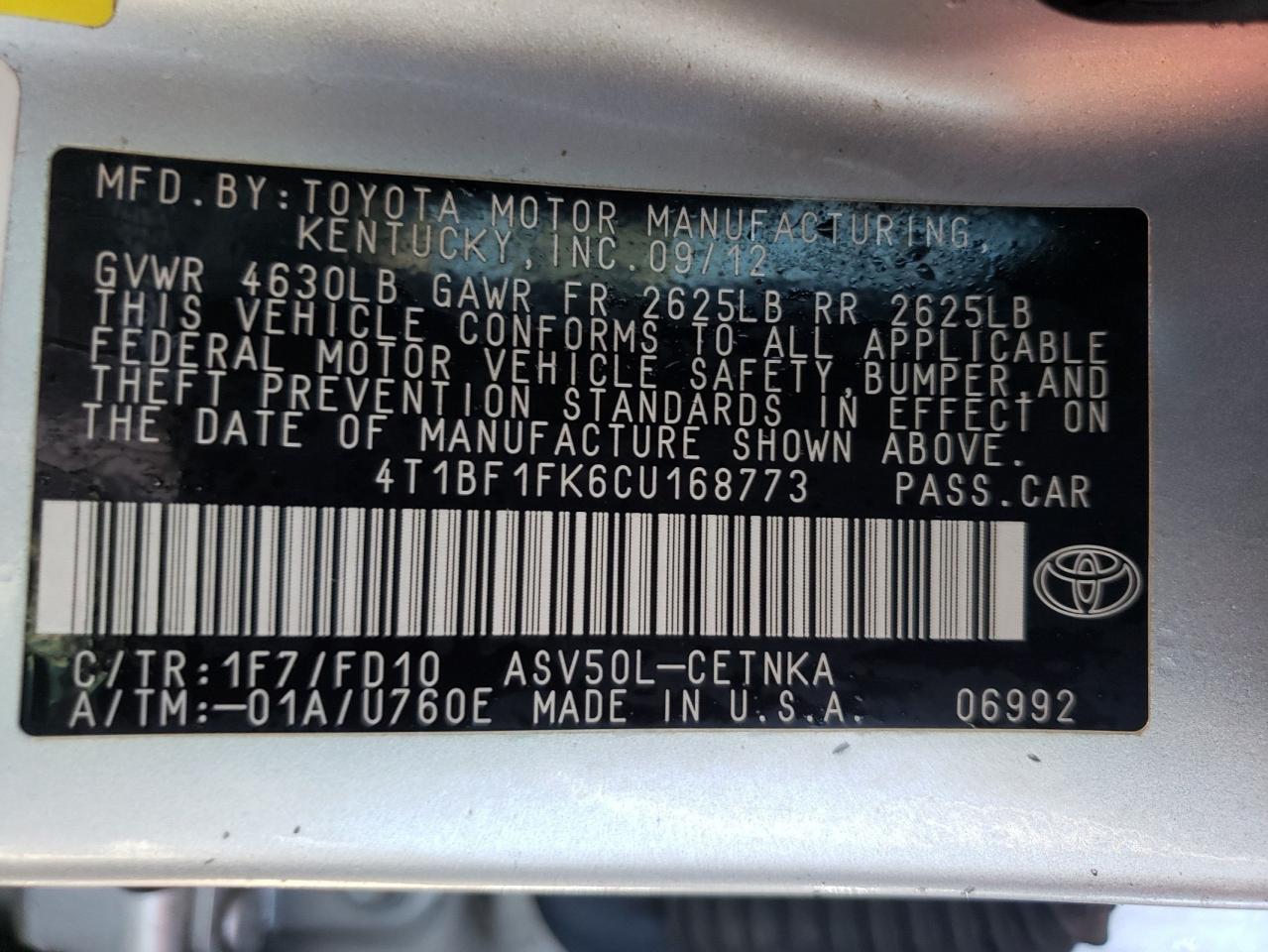 Photo 10 from auction – 2012 TOYOTA CAMRY BASE with VIN 4T1BF1FK6CU168773