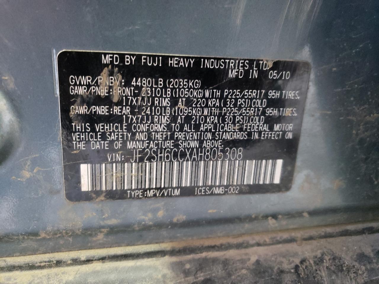 Photo 10 from auction – 2010 SUBARU FORESTER 2 with VIN JF2SH6CCXAH805308