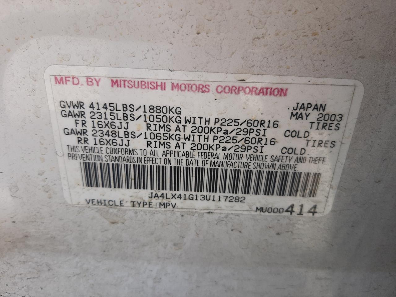 Photo 10 from auction – 2003 MITSUBISHI OUTLANDER with VIN JA4LX41G13U117282